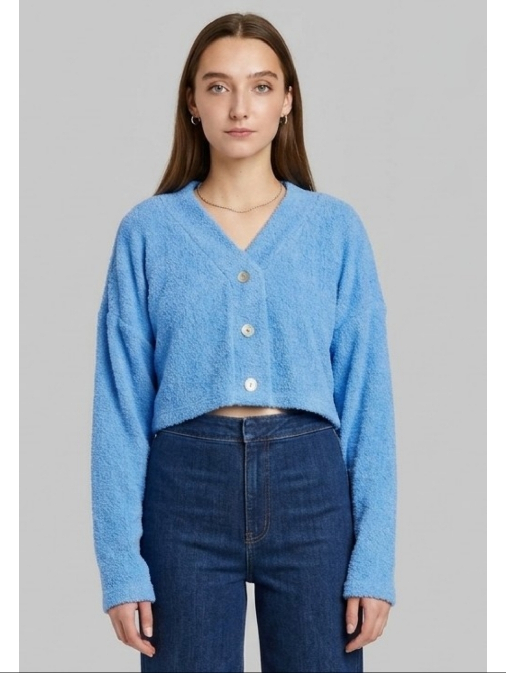 Wild Fable Terry cloth Vneck Cropped Cardigan Sweater Azure Blue Size S